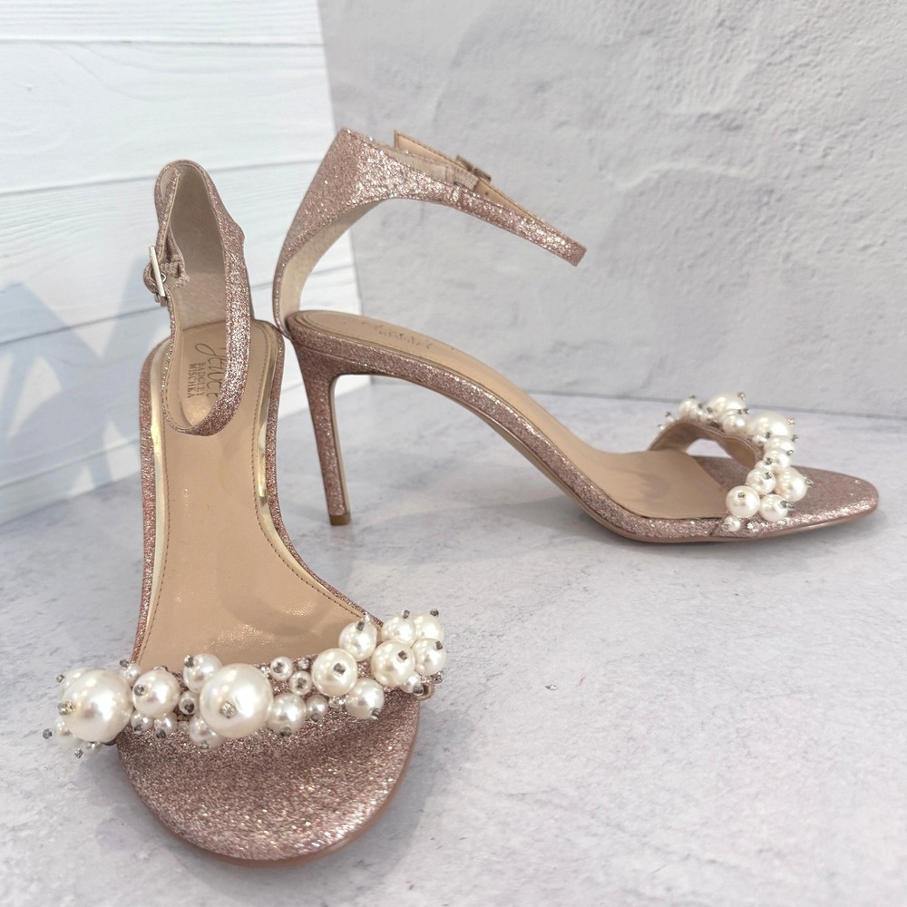 Jewel Badgley Mischka Lassie Rose Gold Glitter Pearl Stiletto Heels Size 9 - Picture 15 of 16
